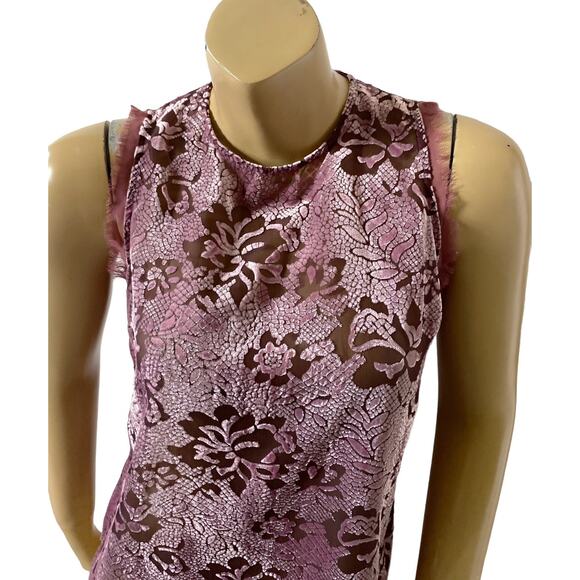 GUESS Womens Size XXS Sheer Sleeveless Mauve Velvet Trim Fringed Tank Top Shirt - Picture 5 of 9